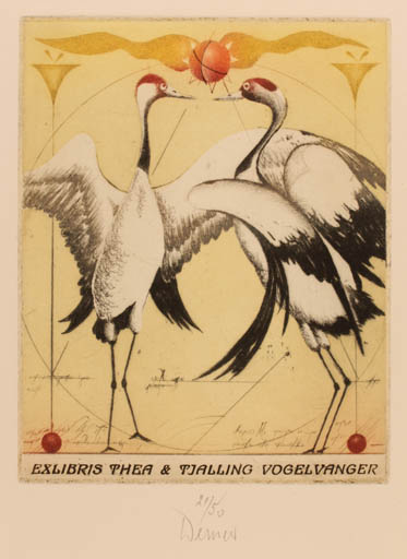 Exlibris by Josef Werner from Germany for Thea & Tjalling Vogelvanger - Bird 