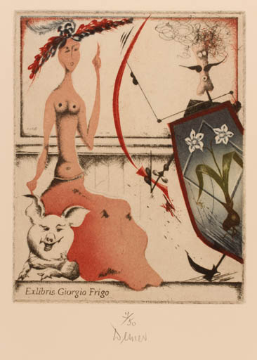 Exlibris by Josef Werner from Germany for Giorgio Frigo - Fauna Woman Knight Surrealism 