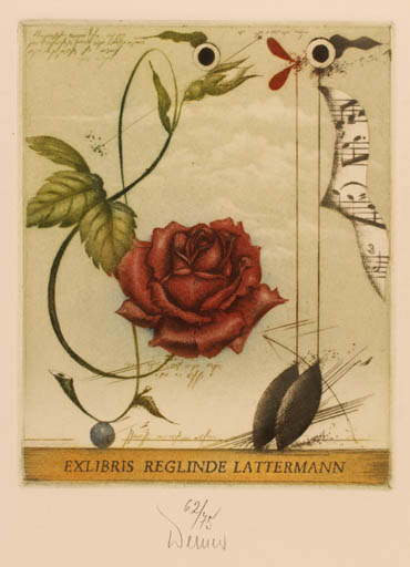 Exlibris by Josef Werner from Germany for Reglinde Lattermann - Flower Music Surrealism 