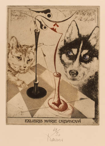 Exlibris by Josef Werner from Germany for Marie Urbanova´ - Dog Cat Surrealism 