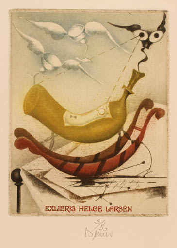 Exlibris by Josef Werner from Germany for Helge Larsen - Bird Surrealism Wine 