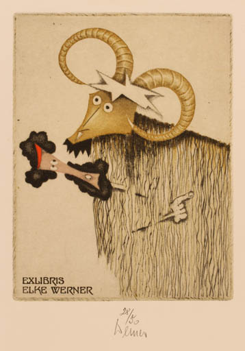 Exlibris by Josef Werner from Germany for Elke Werner - Fauna Man 