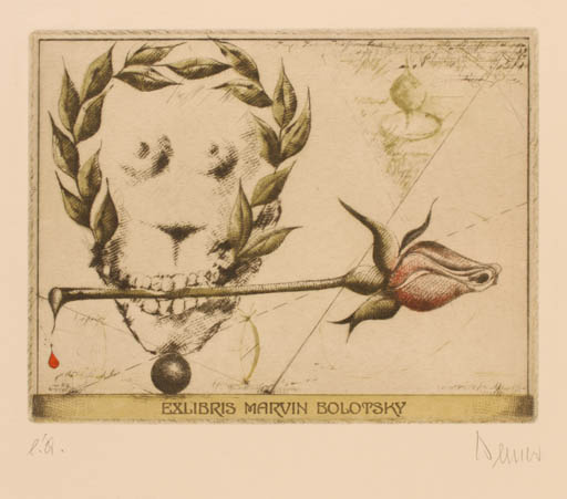 Exlibris by Josef Werner from Germany for Marvin Bolotsky - Flower Portrait Surrealism 