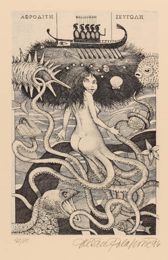 Exlibris by Dusan Polacovic from Slovak Republic for Afrodite Zevgoll - Fish Mermaid Maritime Ship/Boat 