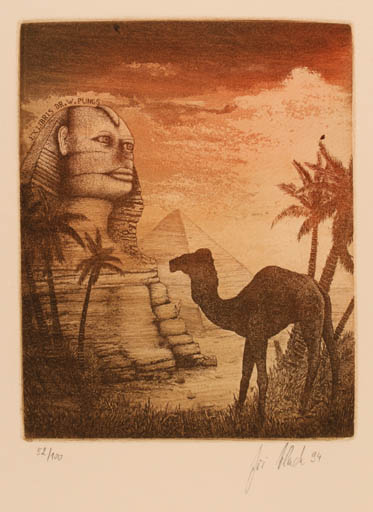 Exlibris by Jiri Vlach from Czech Republic for Dr. Wolfgang Pungs - Classical antiquity Fauna Palm tree Egypt 