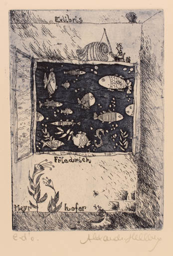 Exlibris by Alexandra von Hellberg from Italy for Friedrich Mayr Hofer - Fish 