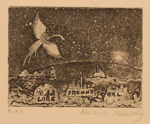 Exlibris by Alexandra von Hellberg from Italy for Lore Freund - Architecture Bird Mermaid Cosmos Sun 