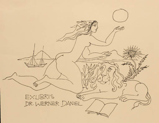 Exlibris by Elfriede Weidenhaus from Germany for Dr. Werner Daniel - Book Fauna Woman Scenery/Landscape Nude Ship/Boat 