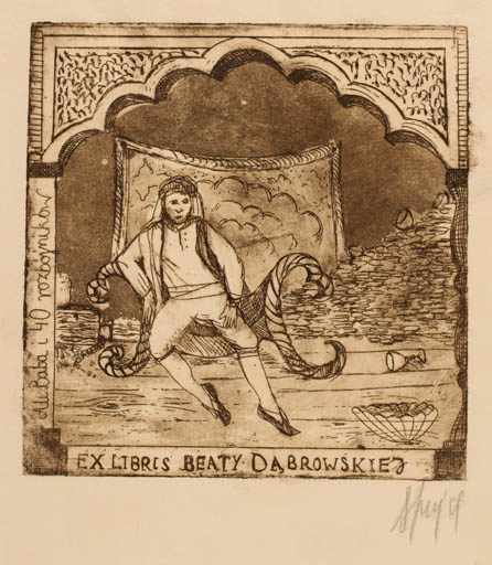 Exlibris by Aleksandra Jagodzinska from Poland for Beaty Dabrowskiej - Fairytale/fable Man Oriental 