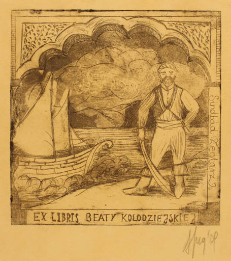 Exlibris by Aleksandra Jagodzinska from Poland for Beaty Kolodziejskiej - Fairytale/fable Man Ship/Boat 