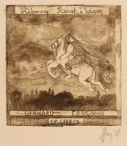 Exlibris by Aleksandra Jagodzinska from Poland for Gerhard Langbein - Fairytale/fable Horse Horseman/Rider 