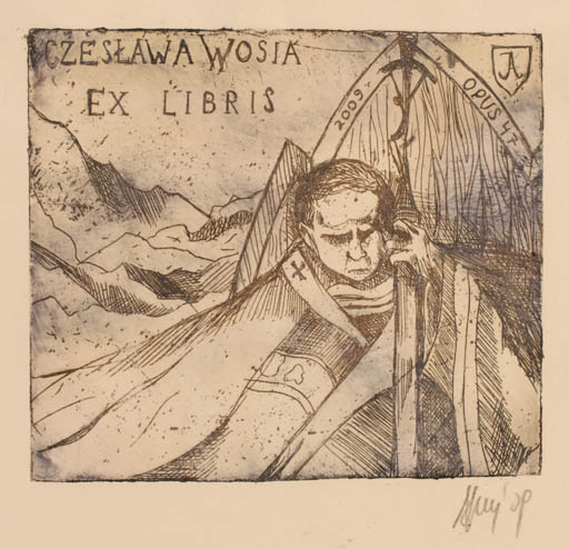 Exlibris by Aleksandra Jagodzinska from Poland for Czeslawa Wosia - Mountain Man Religion 