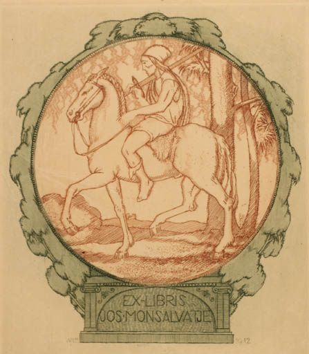 Exlibris by Hubert Wilm from Germany for Jos. Monsalvatje - Flora Jugend Scenery/Landscape Horseman/Rider 