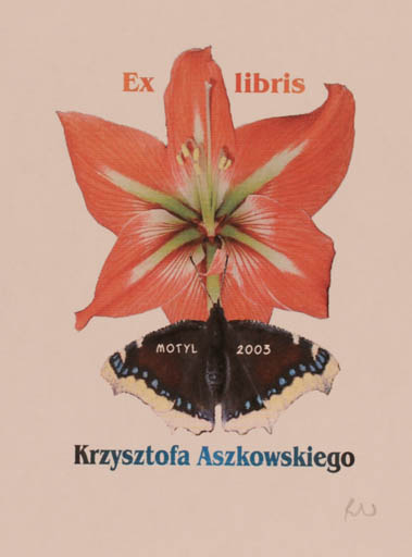 Exlibris by Rajmund Aszkowski from Poland for Krzysztofa Aszkowskiego - Flower Butterfly 