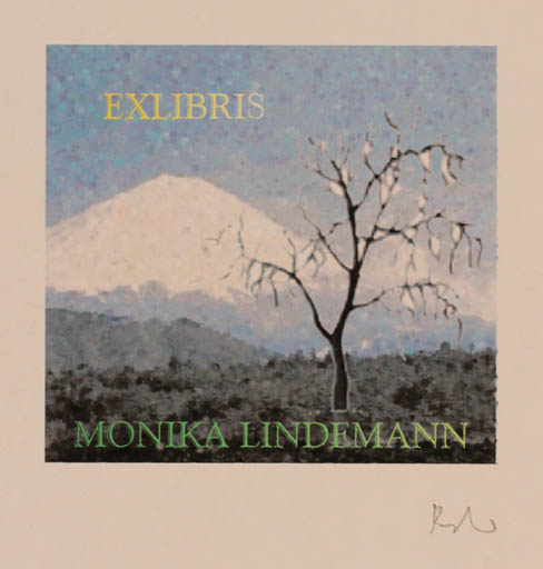 Exlibris by Rajmund Aszkowski from Poland for Monika Lindemann - Mountain Scenery/Landscape Tree 