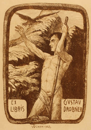 Exlibris by Peter Würth from Germany for Gustav Drobner - Mountain Fauna Bird Jugend Man 