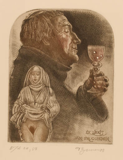 Exlibris by David Bekker from Ukraine for Jan Bruggheman - Erotica Woman Man Religion Wine 