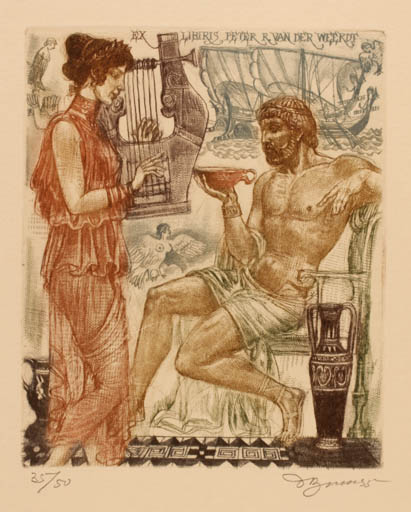 Exlibris by David Bekker from Ukraine for Peter van der Weerdt - Classical antiquity Music Couple Ship/Boat 