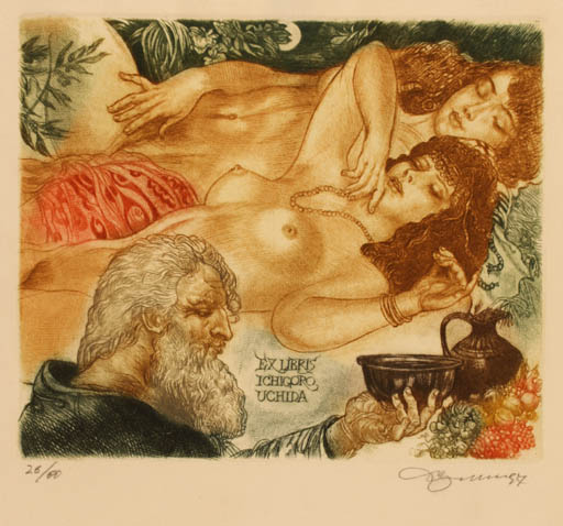 Exlibris by David Bekker from Ukraine for Ichigoro Uchida - Erotica Woman Man Nude Wine 