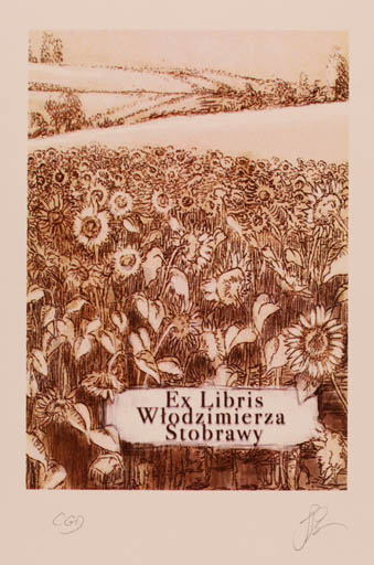 Exlibris by Katarzyna Barsczak from Poland for Wlodzimierza Stobrawy - Flower Scenery/Landscape 