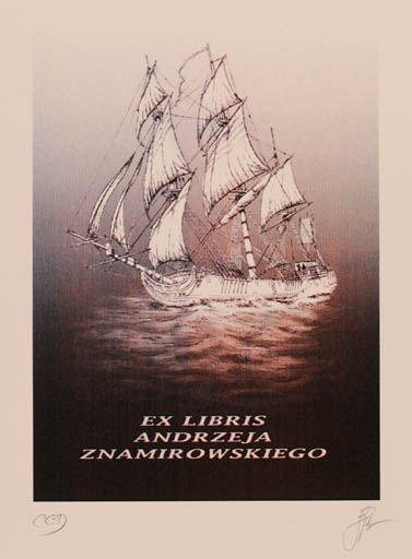 Exlibris by Katarzyna Barsczak from Poland for Andrzeja Znamirowskiego - Maritime Ship/Boat 