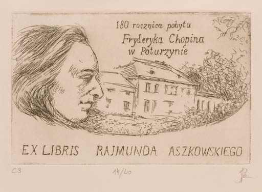 Exlibris by Katarzyna Barsczak from Poland for Rajmund Aszkowski - Architecture Man Music Portrait 