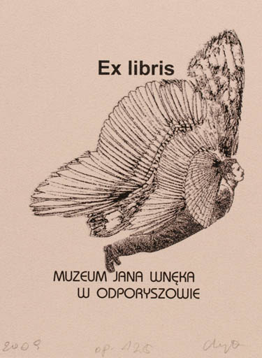 Exlibris by Malgorzata Wyka from Poland for Jana Wneka Muzeum - Fable Animal Man Butterfly 