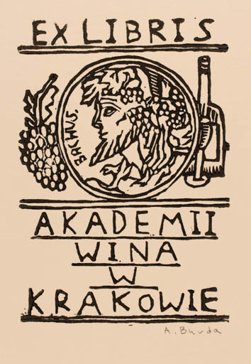 Exlibris by Arkadius Burda from Poland for Wina W. Akademii - Man Portrait Wine 