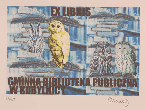 Exlibris by Karina - Kopczynska Janiszewska from Poland for W. Kobylnicy Biblioteka Publiczna - Book Owl 