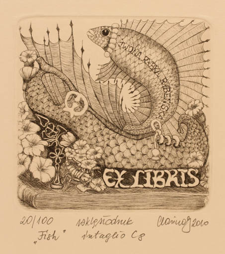 Exlibris by Karina - Kopczynska Janiszewska from Poland for Iwona Rybka Rybenska - Fish Surrealism 