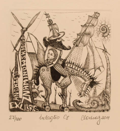 Exlibris by Karina - Kopczynska Janiszewska from Poland for ? ? - Don Quijote Horse Mill Surrealism 