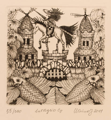 Exlibris by Karina - Kopczynska Janiszewska from Poland for Rajmund Aszkowski - Don Quijote Fish Mill 