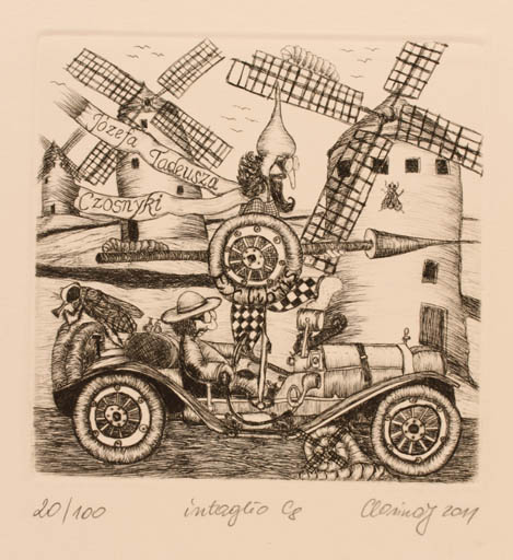 Exlibris by Karina - Kopczynska Janiszewska from Poland for Josef Tadeusz Czosnyka - Car Don Quijote Mill 