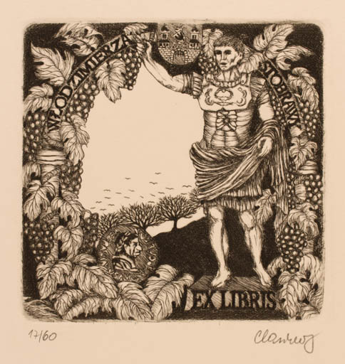 Exlibris by Karina - Kopczynska Janiszewska from Poland for Wlodzimierza Stobrawy - Classical antiquity Man Wine 