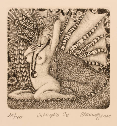 Exlibris by Karina - Kopczynska Janiszewska from Poland for Kasia & Nannan Wang - Fable Animal Woman Nude 