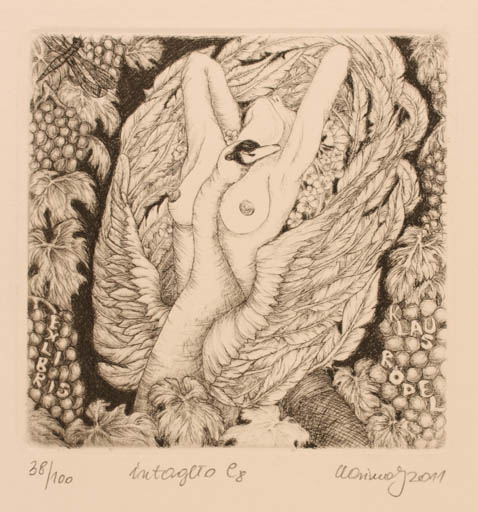 Exlibris by Karina - Kopczynska Janiszewska from Poland for Klaus Rödel - Leda and the Swan Mythology Wine 