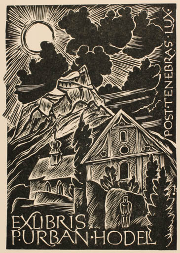 Exlibris by Toni Hofer from Austria for Pater Urban Hodel - Mountain Church Scenery/Landscape Religion Sun 