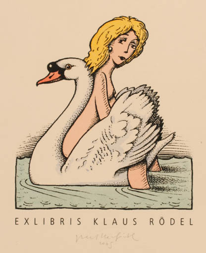 Exlibris by Egbert Herfurth from Germany for Klaus Rödel - Leda and the Swan 