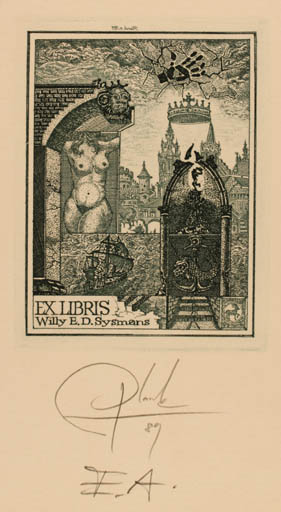 Exlibris by Heinz Plank from Germany for Willy E.D. Sysmans - City Woman Nude Ship/Boat 