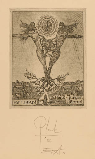 Exlibris by Heinz Plank from Germany for Dr. Hans - Jürgen Hähnel - Couple Surrealism 