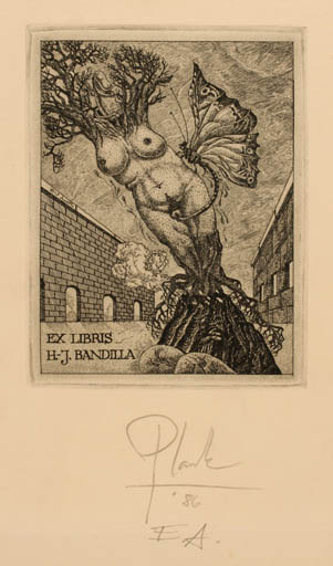 Exlibris by Heinz Plank from Germany for Hans-Joachim Bandilla - Erotica Woman Butterfly Surrealism 