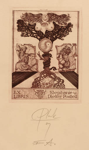 Exlibris by Heinz Plank from Germany for Stephanie u. Dieter Postelt - Mythology Religion Surrealism 