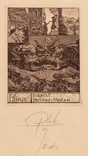 Exlibris by Heinz Plank from Germany for Eugen F. Strobel-Matza - Fable Animal Mythology Surrealism 