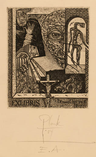 Exlibris by Heinz Plank from Germany for Dr. Gernot Blum - Religion Surrealism 