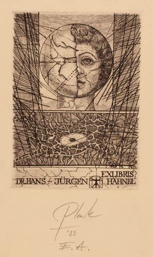 Exlibris by Heinz Plank from Germany for Dr. Hans - Jürgen Hähnel - Medicine Portrait Surrealism 