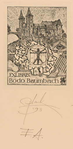 Exlibris by Heinz Plank from Germany for Bodo Baumbach - Castle/Palace Surrealism 