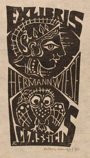 Exlibris by Helga Lange from Germany for Dr. Hermann Wiese - Mythology Portrait Owl 