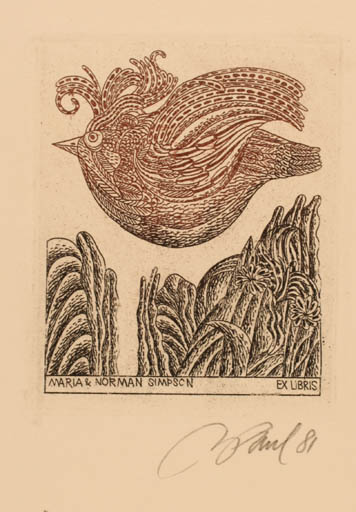 Exlibris by Illimar Paul from Estonia for Maria & Norman Simpson - Bird 