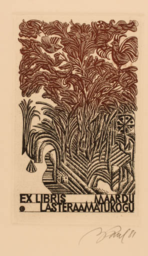 Exlibris by Illimar Paul from Estonia for Maardu Lasteraamatukogu - Bird Forest 