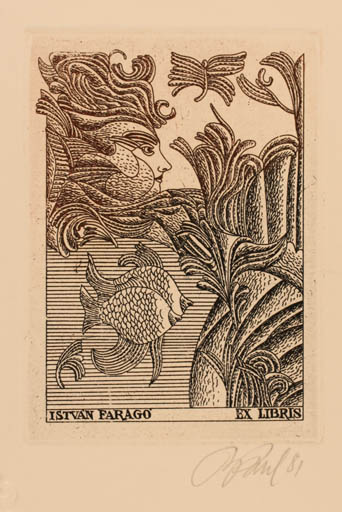 Exlibris by Illimar Paul from Estonia for Istvan Farago - Fish Woman Portrait 